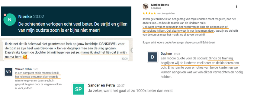 Collage van 5 reviews van ouders