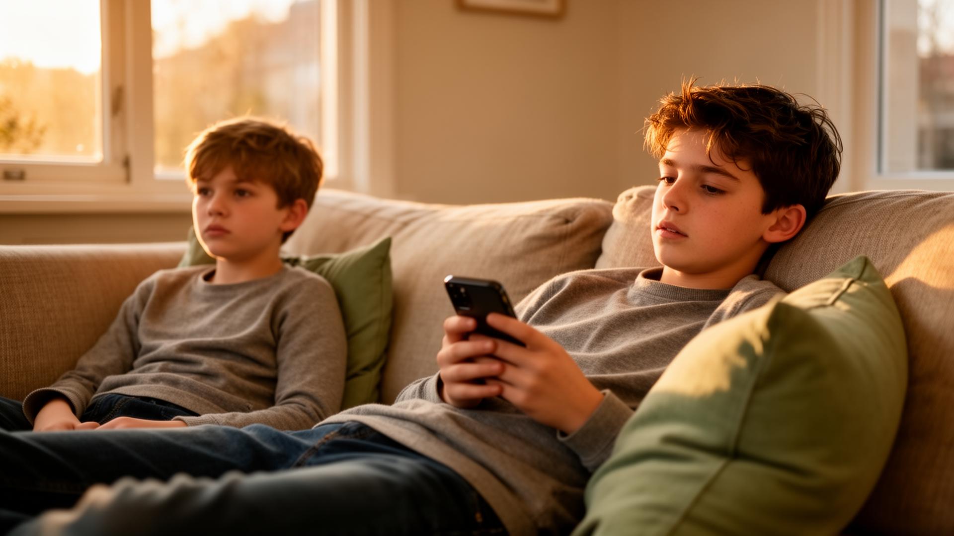 Twee broers van 7 en 12 hangen op de bank, één met telefoon, de ander kijkt tv